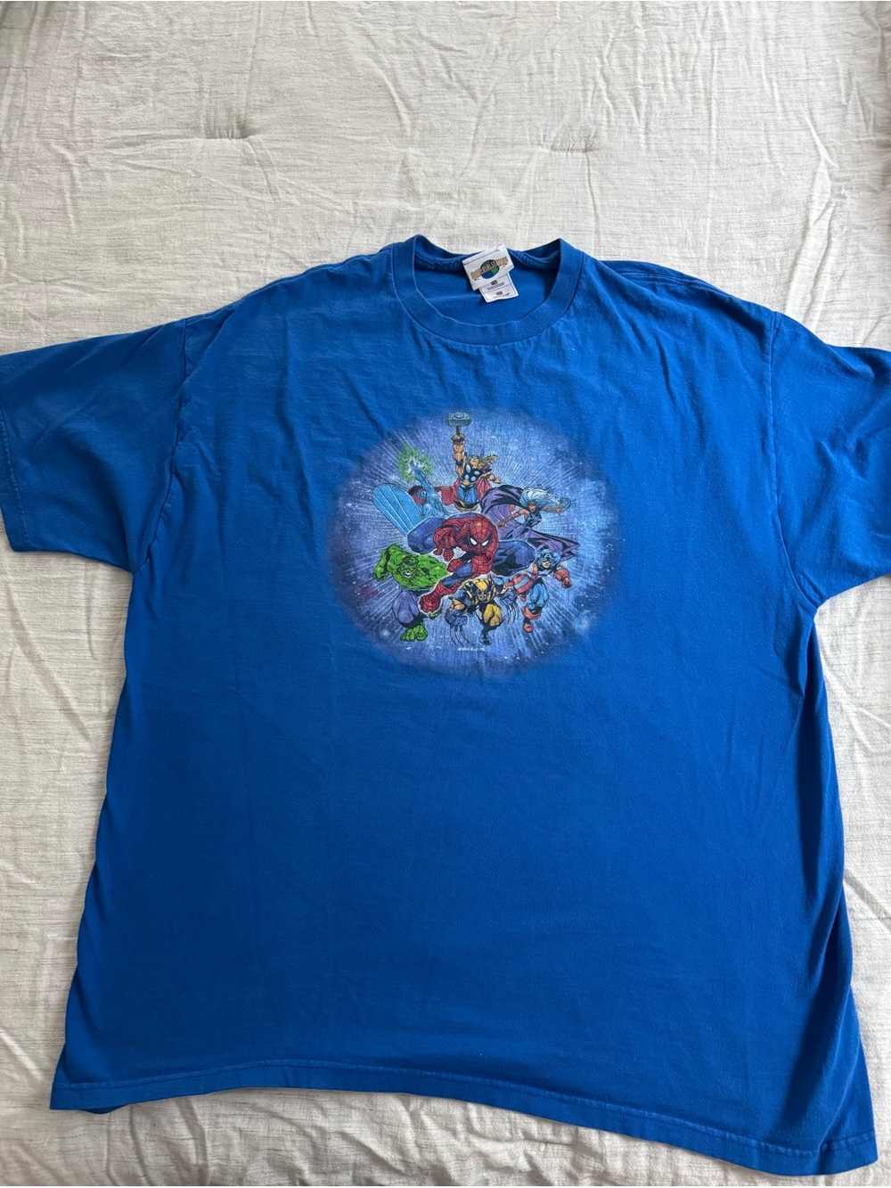 Universal Blue Short‑Sleeve Tee with Superhero Ensemble Graphic